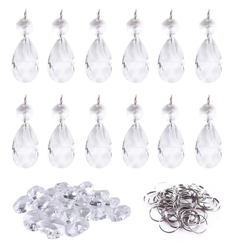 BIHRTC 12Pcs38mm Clear Crystal Teardrop Chandelier Prisms Parts Hanging Galss Crystal Pendants Beads +50pcs Metal Split Ring + 50pcs 14mm Octagonal Beads - Image 1